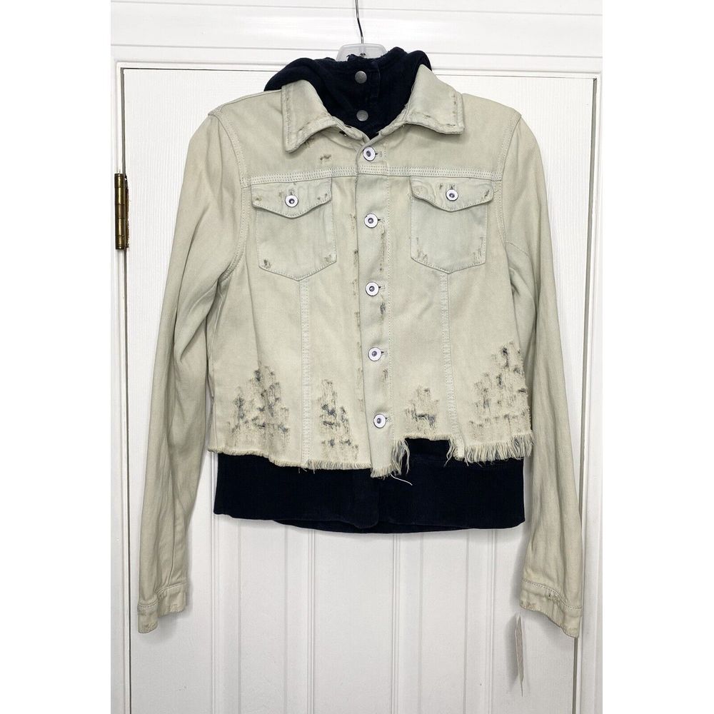 Free People Women's Double Weave Denim Jacket Very Distressed‎ Navy White XS New